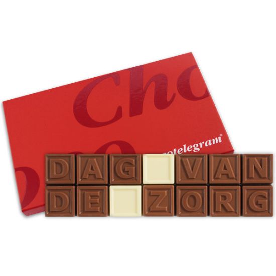 ChocoTelegram met melk en witte chocolade blokjes en tekst Dag van de Zorg in geschenkdoos als cadeau of geschenk voor medewerkers of zorgmedewerkers. Tasty Present - gepersonaliseerde chocolade en snoep