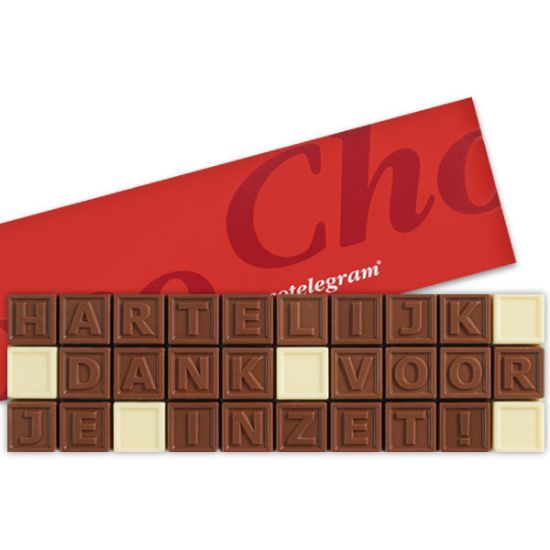 ChocoTelegram met 30 melk en witte chocolade blokjes en tekst hartelijk dank voor je inzet als cadeau of geschenk voor medewerkers, zorgmedewerkers of relaties. Tasty Present - gepersonaliseerde chocolade en snoep
