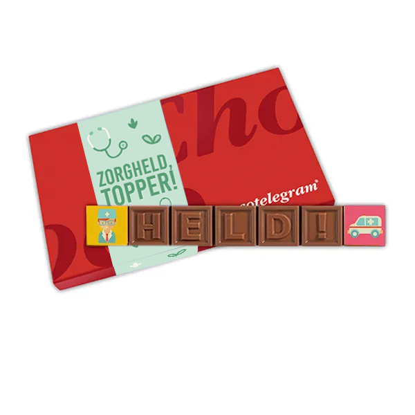 Chocotelegram in thema dag van de zorg met zorg design en zorgheld topper wikkel. Tasty Present - gepersonaliseerde chocolade