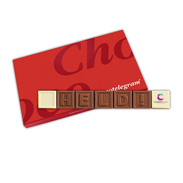 ChocoTelegram met melkchocolade blokjes en tekst held met eigen logo als cadeau of geschenk voor medewerkers, zorgmedewerkers of relaties. Tasty Present - gepersonaliseerde chocolade en snoep