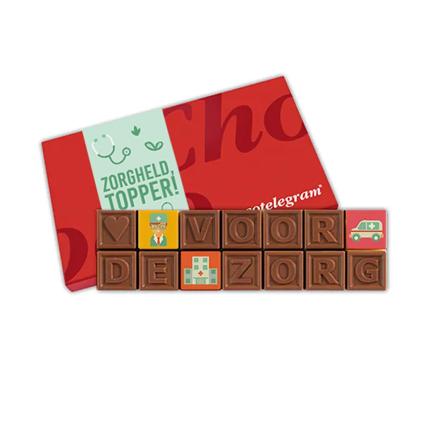 Chocotelegram in thema dag van de zorg met zorg design en zorgheld topper wikkel. Tasty Present - gepersonaliseerde chocolade