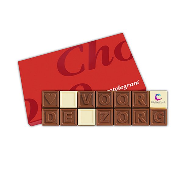 ChocoTelegram met melkchocolade blokjes en tekst hart voor de zorg met eigen logo als cadeau of geschenk voor medewerkers of relaties. Tasty Present - gepersonaliseerde chocolade en snoep