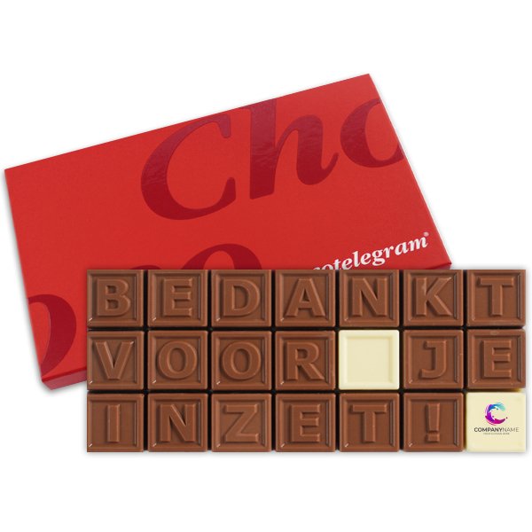 ChocoTelegram met melkchocolade blokjes en tekst bedankt voor je inzet met eigen logo als cadeau of geschenk voor medewerkers of relaties. Tasty Present - gepersonaliseerde chocolade en snoep