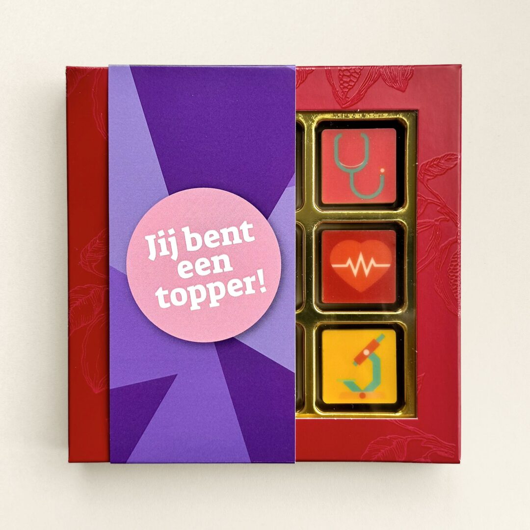 Chocoladeblokjes 9 dag van de zorg | melk/wit | geschenkdoos | eigen logo | 99g