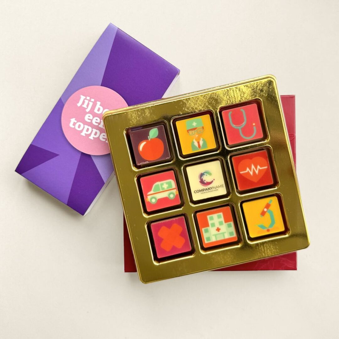 Chocoladeblokjes 9 dag van de zorg | melk/wit | geschenkdoos | eigen logo | 99g