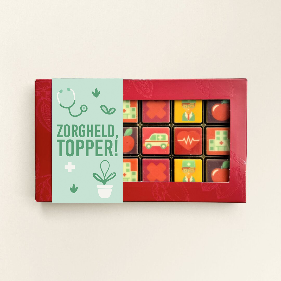 Bedrukte chocoladeblokjes van melk en witte chocolade in geschenkdoos met 18 stuks als cadeau of geschenk voor medewerkers, relaties of Dag van de Zorg. Tasty Present - gepersonaliseerde chocolade en snoep