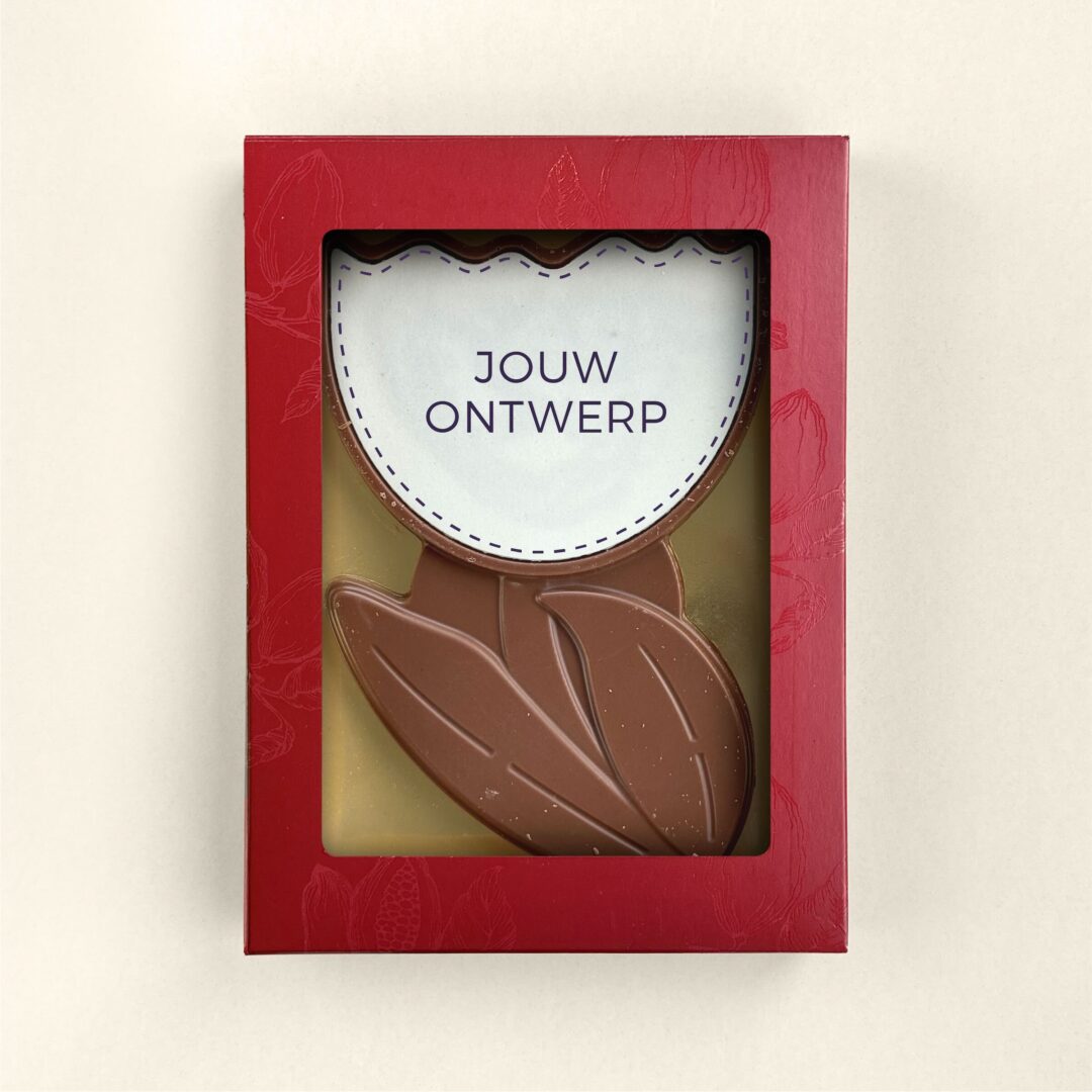 Chocolade bloem van melkchocolade personaliseren met eigen ontwerp, logo of foto op marsepein als cadeau of geschenk voor familie, medewerkers of relaties. Tasty Present - gepersonaliseerde chocolade en snoep