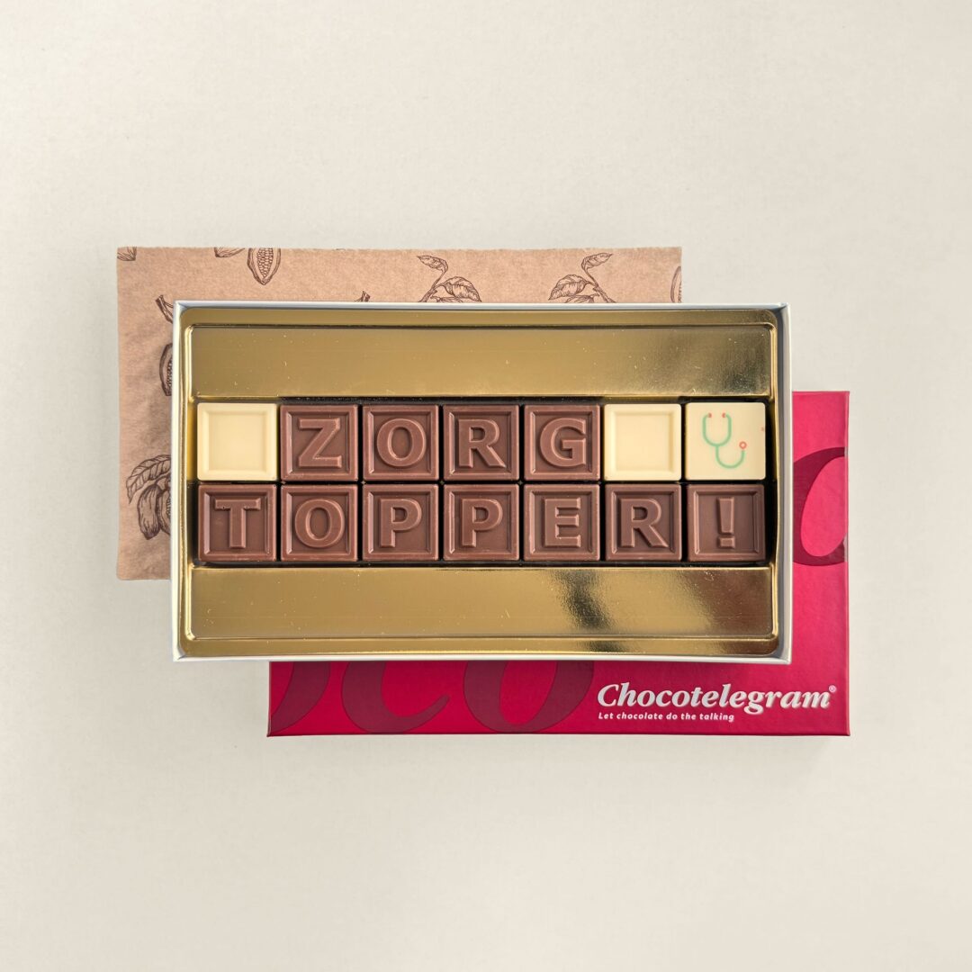 ChocoTelegram met melk en witte chocolade blokjes en tekst zorg topper als cadeau of geschenk voor zorgmedewerkers of teams. Tasty Present - gepersonaliseerde chocolade en snoep
