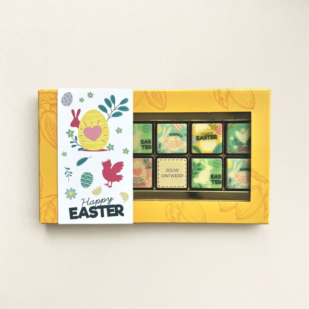 Chocoladeblokjes Pasen met eigen logo in een geschenkdoos