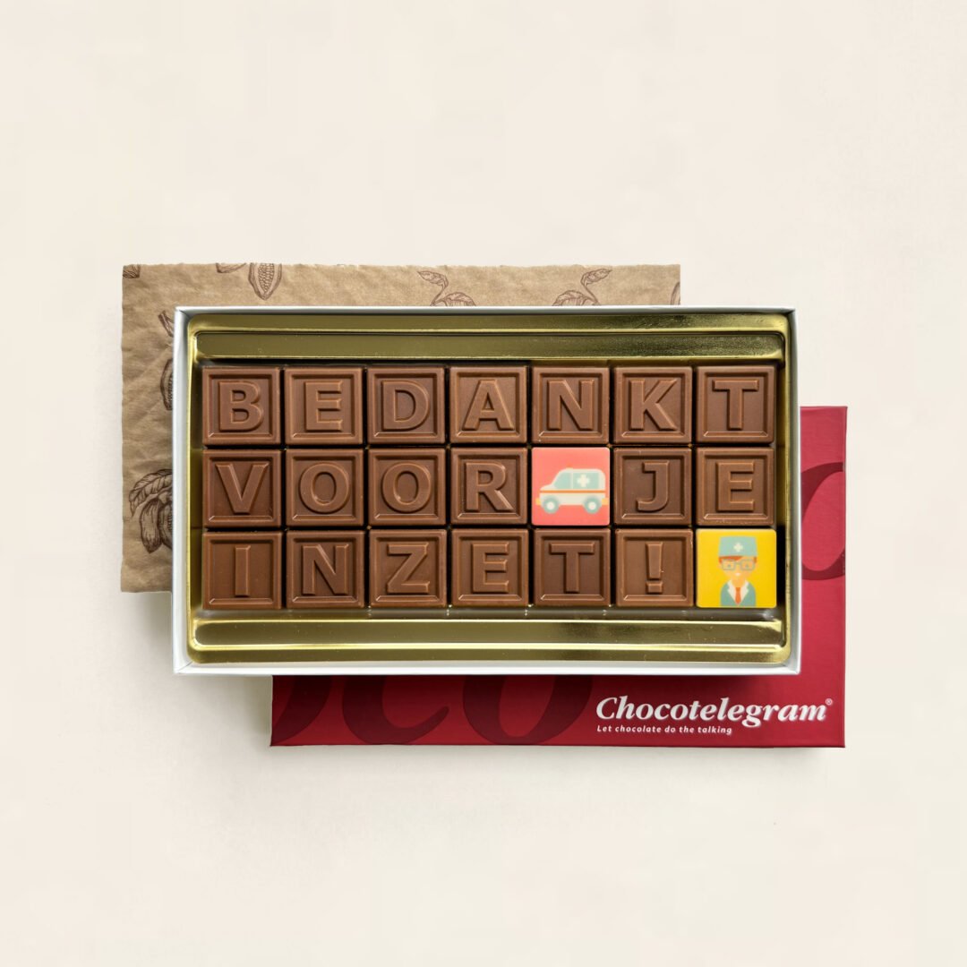 ChocoTelegram met melk en witte chocolade blokjes en tekst bedankt voor je inzet als cadeau of geschenk voor medewerkers, zorgmedewerkers of relaties. Tasty Present - gepersonaliseerde chocolade en snoep