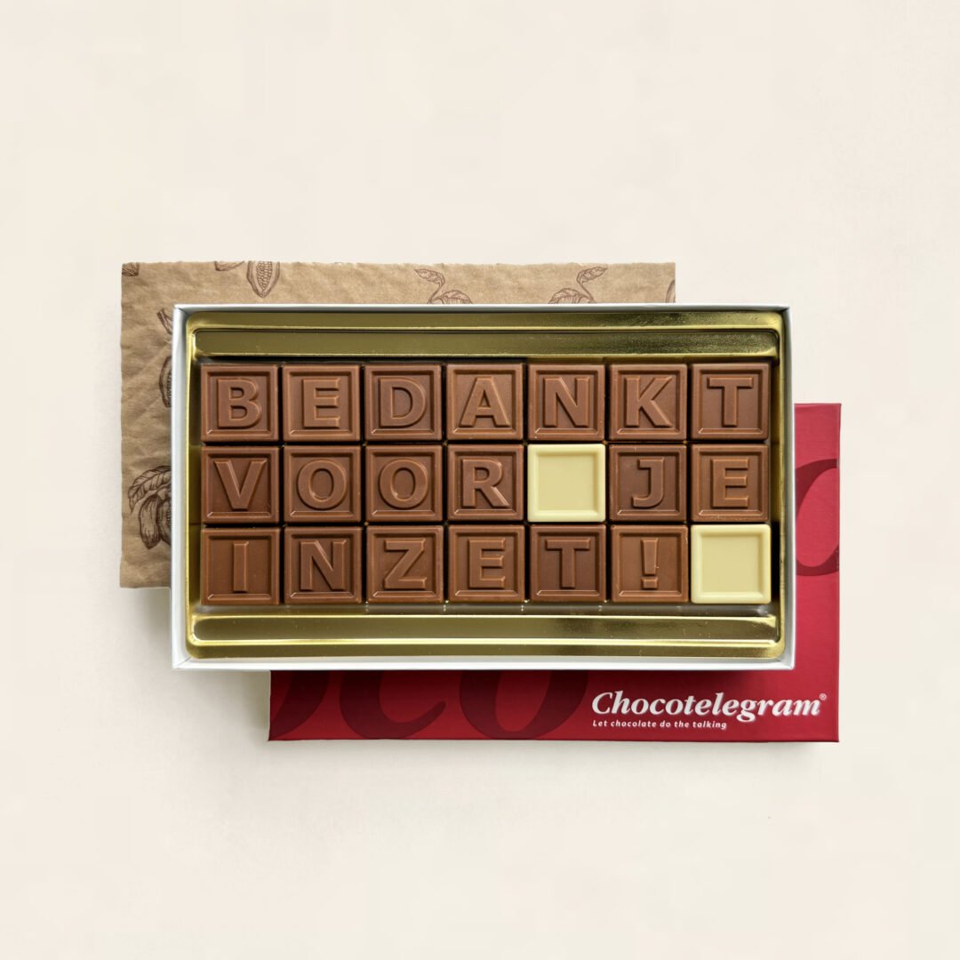 ChocoTelegram met melk en witte chocolade blokjes en tekst bedankt voor je inzet als cadeau of geschenk voor medewerkers, zorgmedewerkers of relaties. Tasty Present - gepersonaliseerde chocolade en snoep
