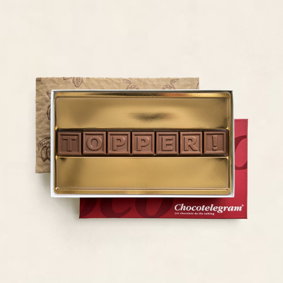 ChocoTelegram met melkchocolade blokjes en tekst topper! als cadeau of geschenk voor medewerkers, zorgmedewerkers of relaties. Tasty Present - gepersonaliseerde chocolade en snoep