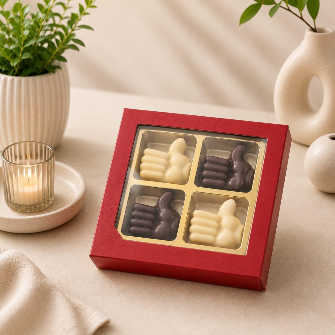 Chocolade thumbs up 4 stuks in rode geschenkdoos met venster van melk- en witte chocolade als origineel chocolade cadeau. Tasty Present - gepersonaliseerde chocolade en snoep