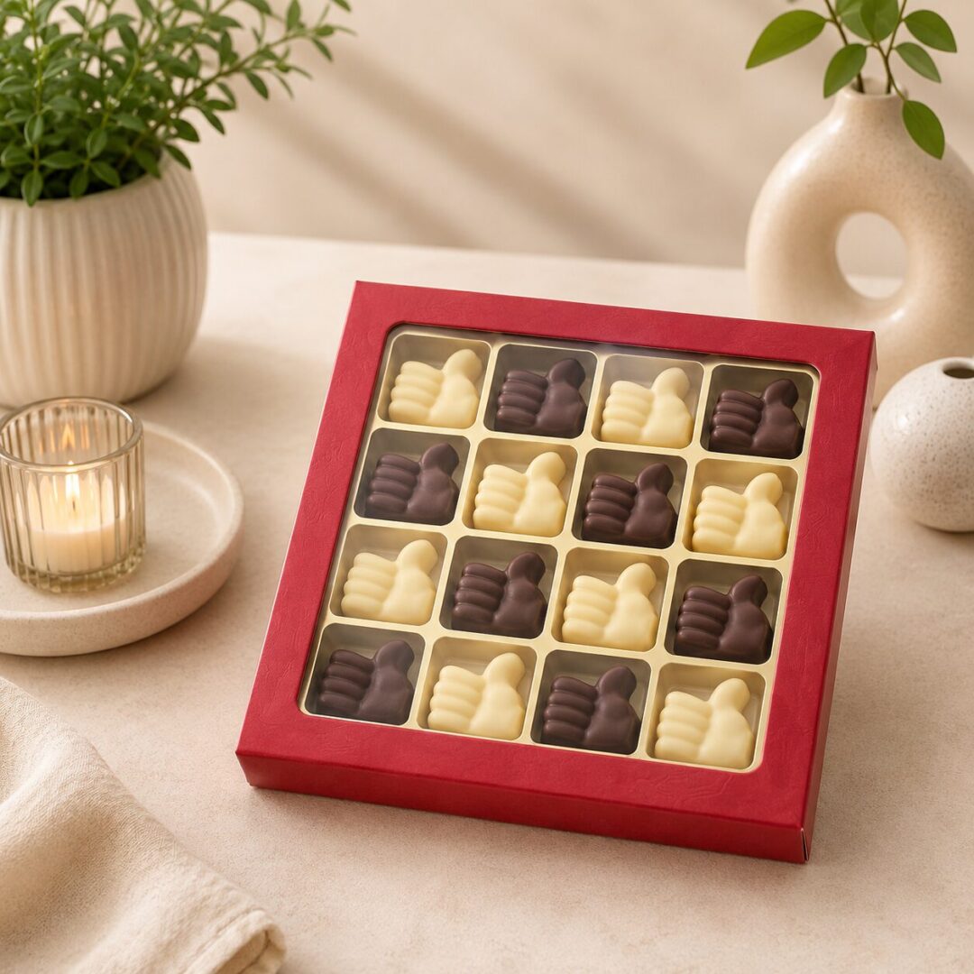 Chocolade thumbs up 16 stuks in rode geschenkdoos met venster van melk- en witte chocolade als origineel chocolade cadeau. Tasty Present - gepersonaliseerde chocolade en snoep