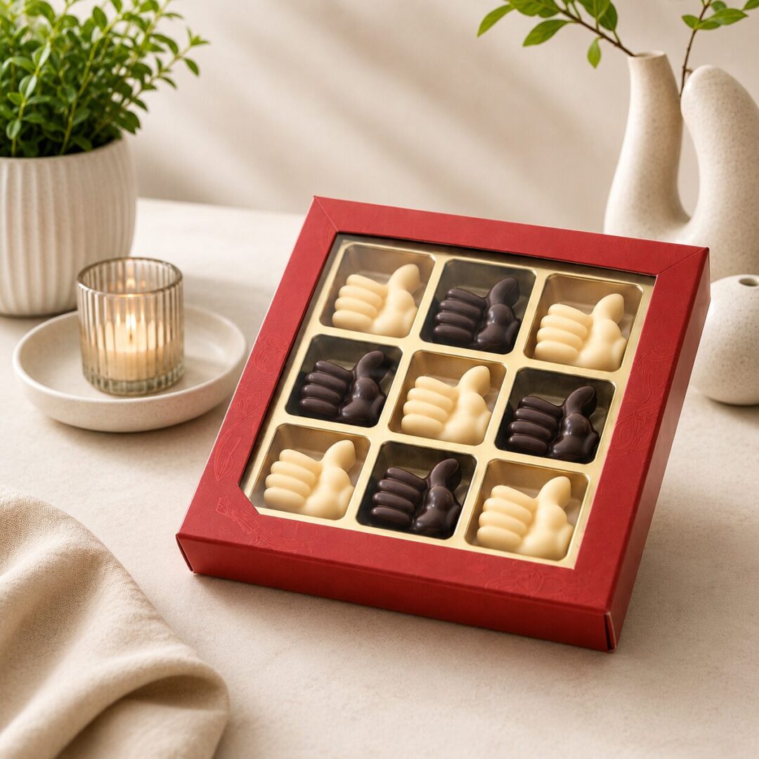 Chocolade thumbs up 9 stuks in rode geschenkdoos met venster van melk- en witte chocolade als origineel chocolade cadeau. Tasty Present - gepersonaliseerde chocolade en snoep