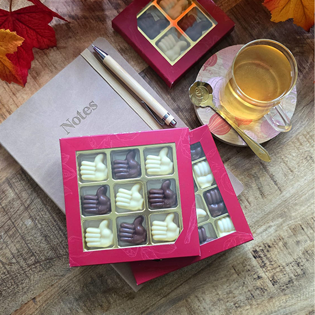 Chocolade Thumbs up 4 | melk/wit | geschenkdoos | 32g