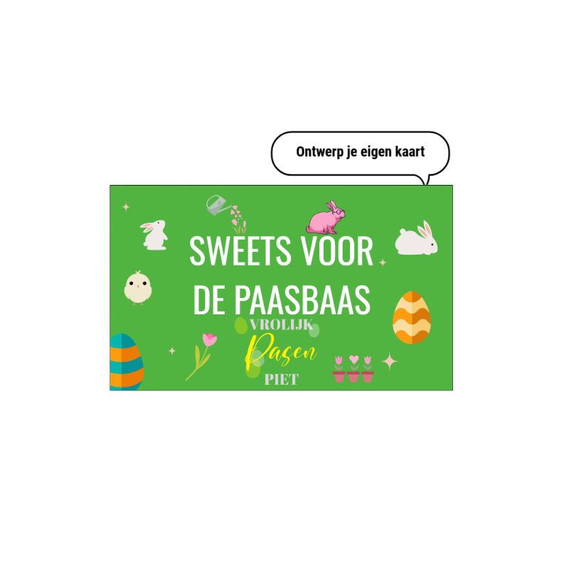 Paas wenskaart personaliseren met eigen ontwerp, foto of tekst als kaart voor cadeau of geschenk voor familie, medewerkers of relaties. Tasty Present - gepersonaliseerde chocolade en snoep