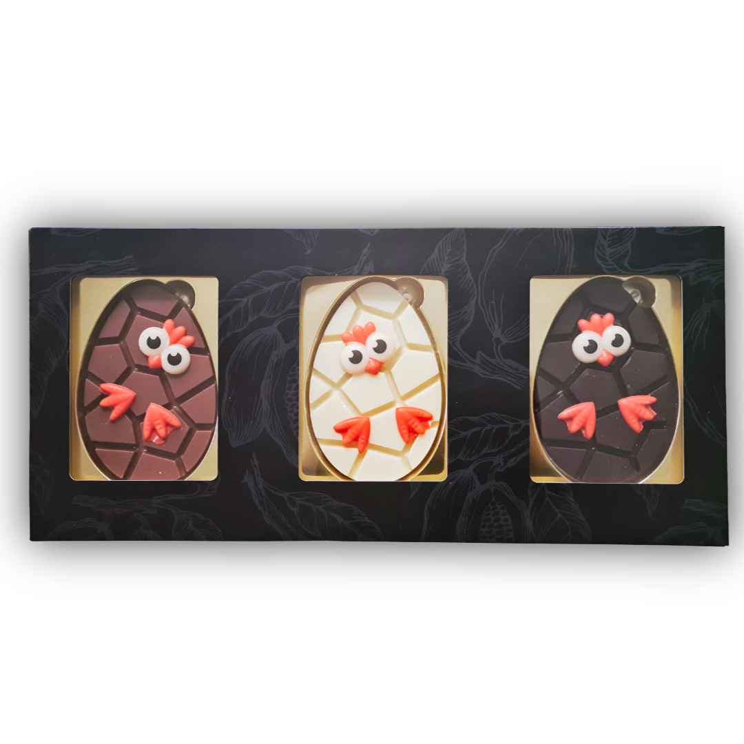 Wikkel met 3 chocolade paaseieren met kuiken design - tasty present