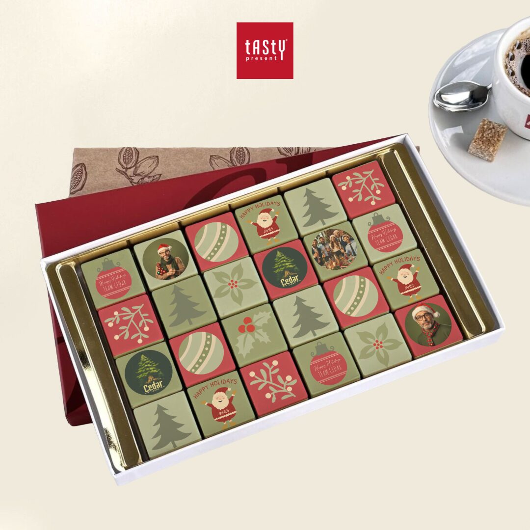 chocolade wenskaart 24 chocolade blokjes zelf ontwerpen - tasty present