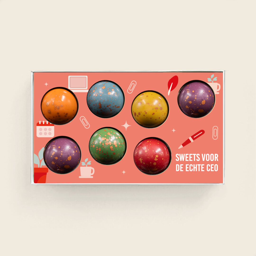 Luxe XL gevulde chocolade bonbons voor secretaressedag met Sweets voor de CEO design. Tasty Present - gepersonaliseerde chocolade