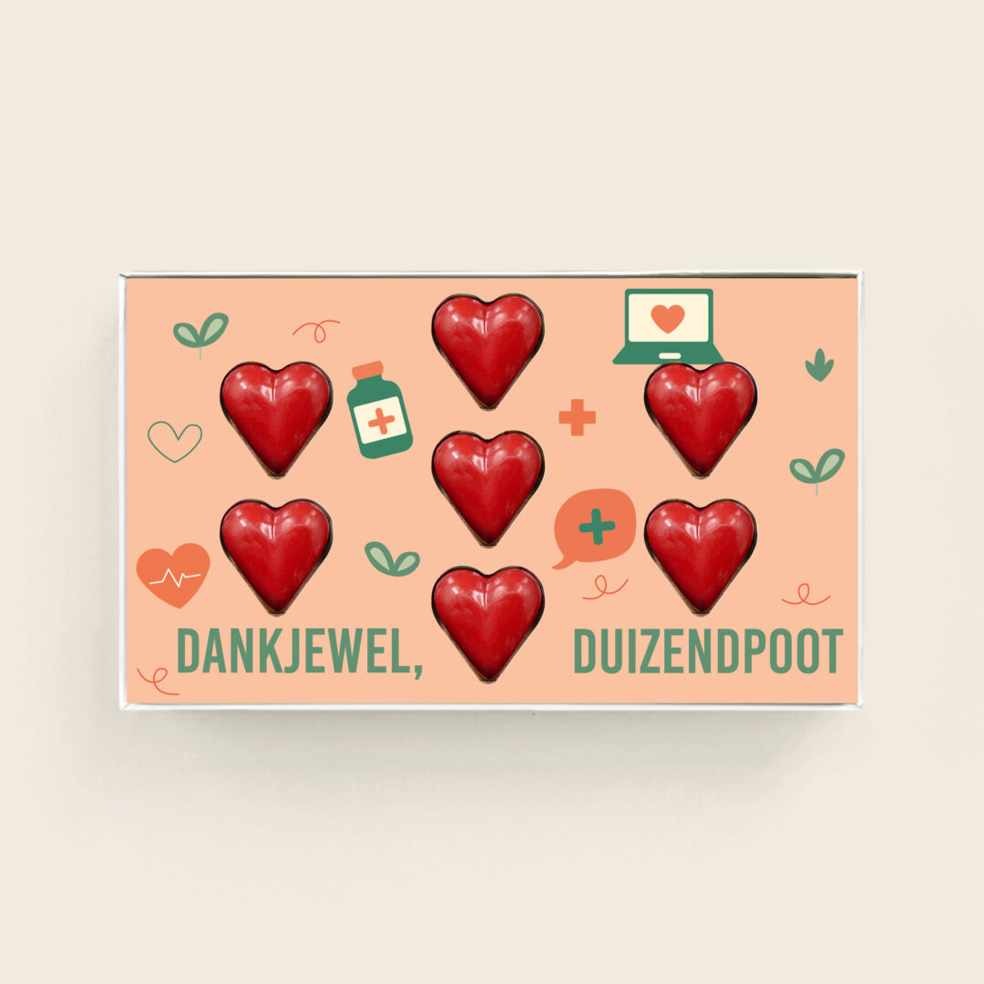 rode hartjes bonbons met heerlijke vulling in dag van de zorg thema Dank je wel duizendpoot. Tasty Present - gepersonaliseerde chocolade