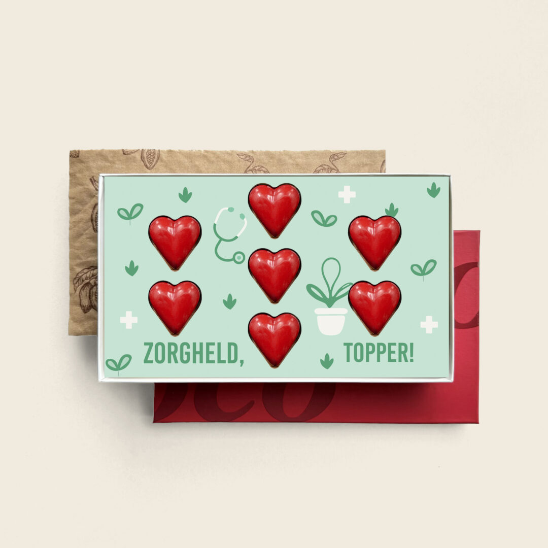 7 rode chocolade hartjes van melkchocolade in geschenkdoos als cadeau of geschenk om zorgmedewerkers, collega’s, familie of relaties te bedanken. Tasty Present - gepersonaliseerde chocolade en snoep