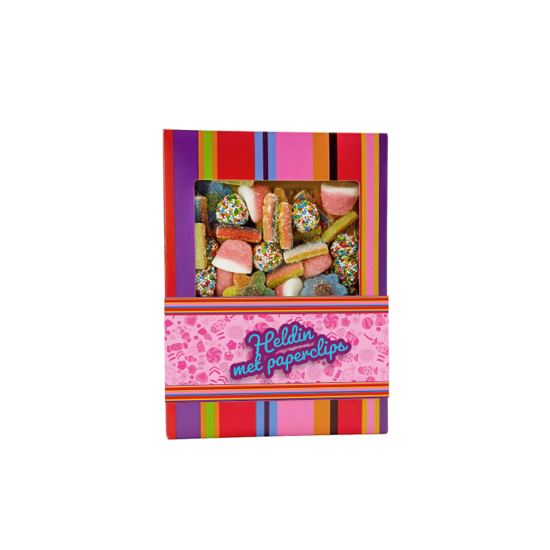 Kleurrijk snoepdoosje met gemengd snoep en heldin met paperclips design als cadeau of geschenk voor secretaresses, medewerkers, familie of relaties. Tasty Present - gepersonaliseerde chocolade en snoep