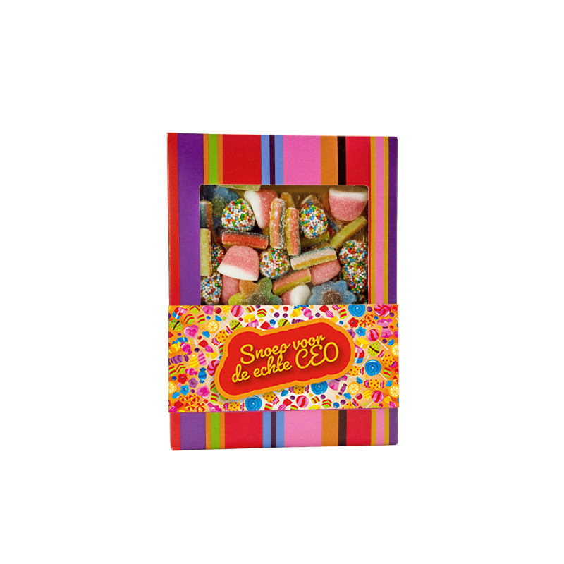 Snoepdoosje met gemengd snoep als origineel cadeau voor collega, moeder, vader, zorgmedewerker, klant, relatie of secretaresse. Tasty Present - gepersonaliseerde chocolade en snoep