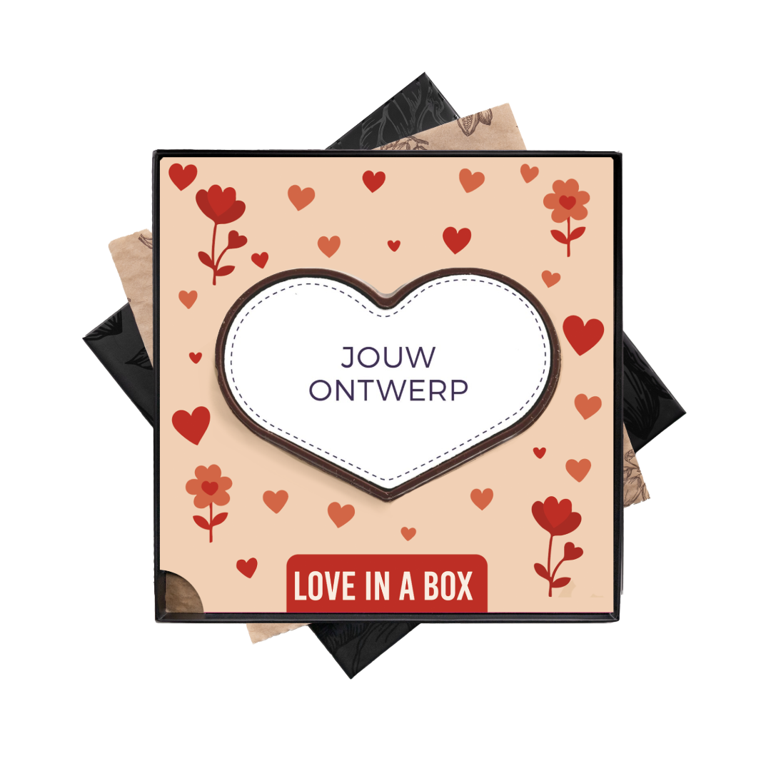 Groot melkchocolade hart personaliseren met eigen ontwerp, logo of foto in geschenkdoos als Valentijn, Moederdag, Vaderdag of Dag van de Zorg cadeau of geschenk voor partner, familie of relaties. Tasty Present - gepersonaliseerde chocolade en snoep