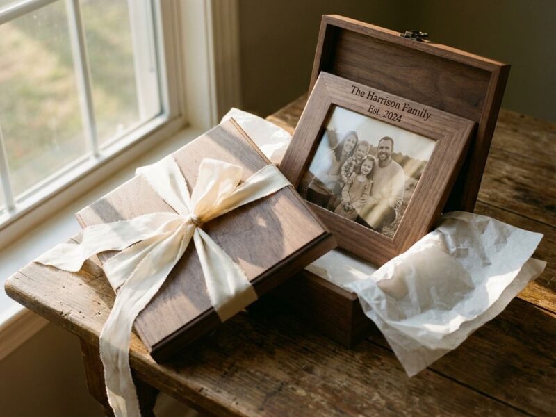 Open cadeaudoos met ingelijste familiefoto op houten tafel, omgeven door zijdepapier in warm gouden licht