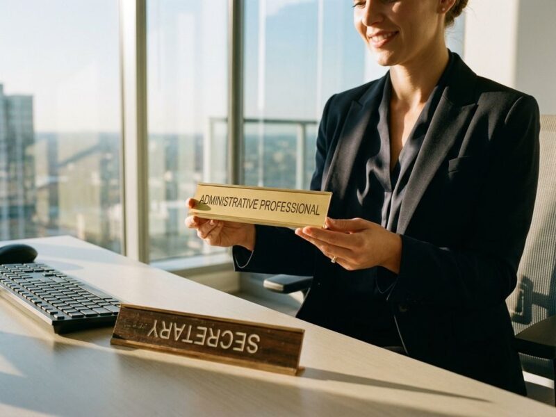 Professionelle Frau am Schreibtisch zeigt Namensschild 