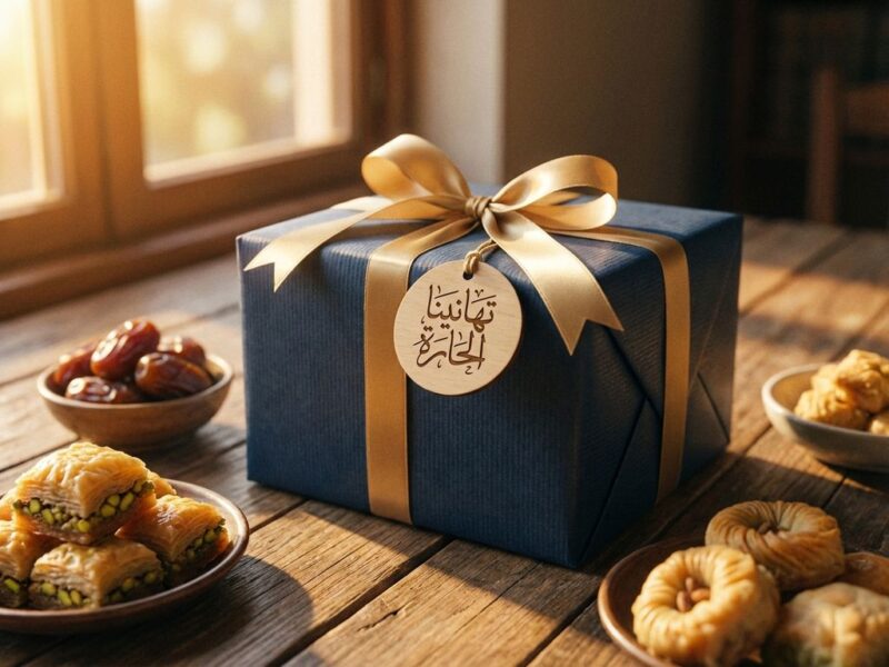 Gepersonaliseerd cadeau met Arabische kalligrafie op houten label, omringd door traditionele Midden-Oosterse snoep