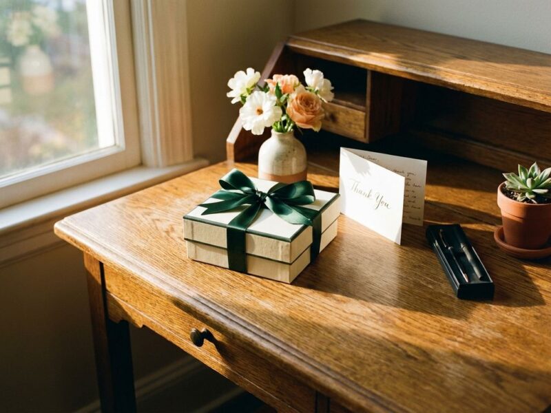 Elegant gift box with silk ribbon on wooden desk with flowers, thank you card and pen, warm natural lighting