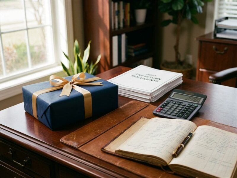 Elegant donkerblauw cadeau met gouden lint op bureau naast belastingdocumenten, rekenmachine en vulpen