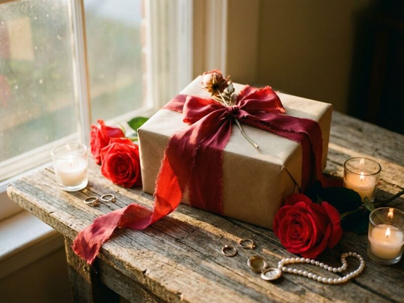 Elegant cadeaudoos met rood lint op houten tafel, omringd door rode rozen en kaarslicht in warme verlichting