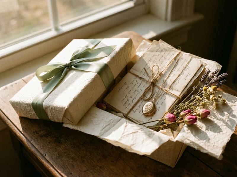 Open cadeaudoos met handgeschreven brieven, sieraden en bloemen op houten tafel in warm zonlicht