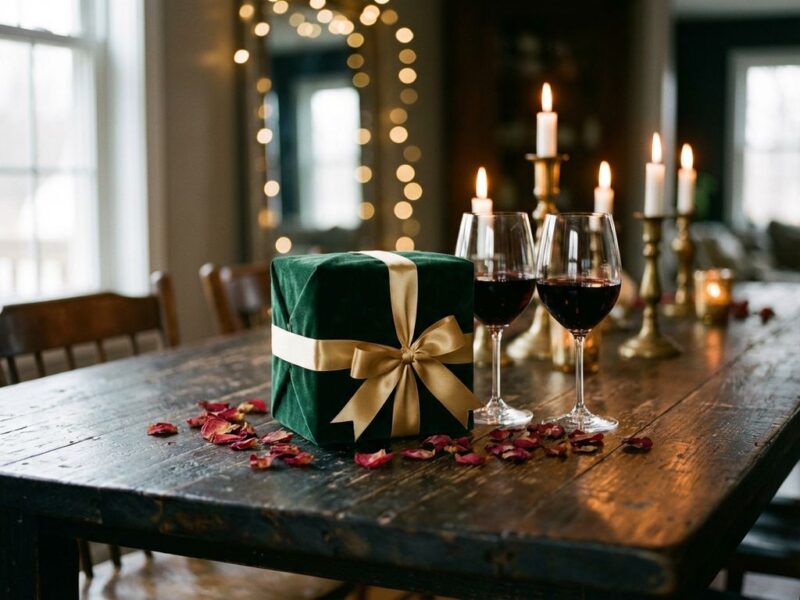 Elegant cadeaudoos met lint op houten tafel naast rode wijnglazen, rozenblaadjes en kaarslicht in romantische setting