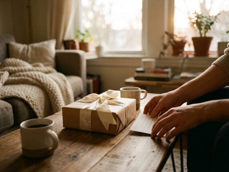 Handen plaatsen handgeschreven briefje naast ingepakt cadeau met lint op houten tafel, koffiekopjes, warme woonkamer
