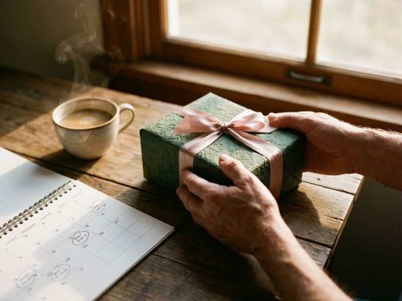 Handen plaatsen elegant ingepakt cadeau met zijden lint op houten tafel naast koffie en kalender in ochtendlicht
