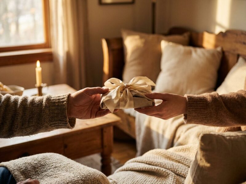 Twee handen wisselen ingepakt cadeau uit in warme, gezellige woonkamer met kaarslicht en zachte verlichting