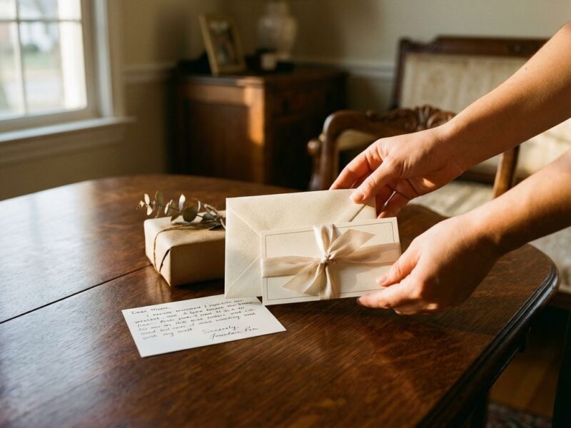 Elegante cadeaubon in luxe envelop op houten tafel naast handgeschreven briefje en ingepakt cadeau