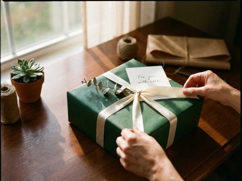 Elegant ingepakt cadeau met lint op houten tafel, omringd door handgeschreven briefje en plantje in warm licht