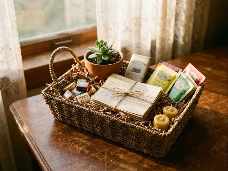Cadeaumand vol chocolade, vetplant, theezakjes en kaarsen op houten tafel in warm licht