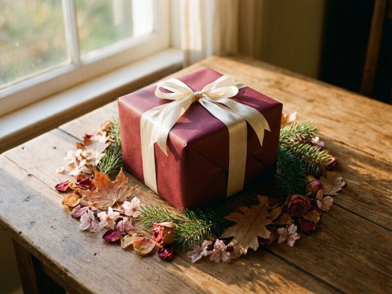 Elegant cadeau in bordeauxrood papier met crème lint op houten tafel, omringd door seizoensbloemen en bladeren