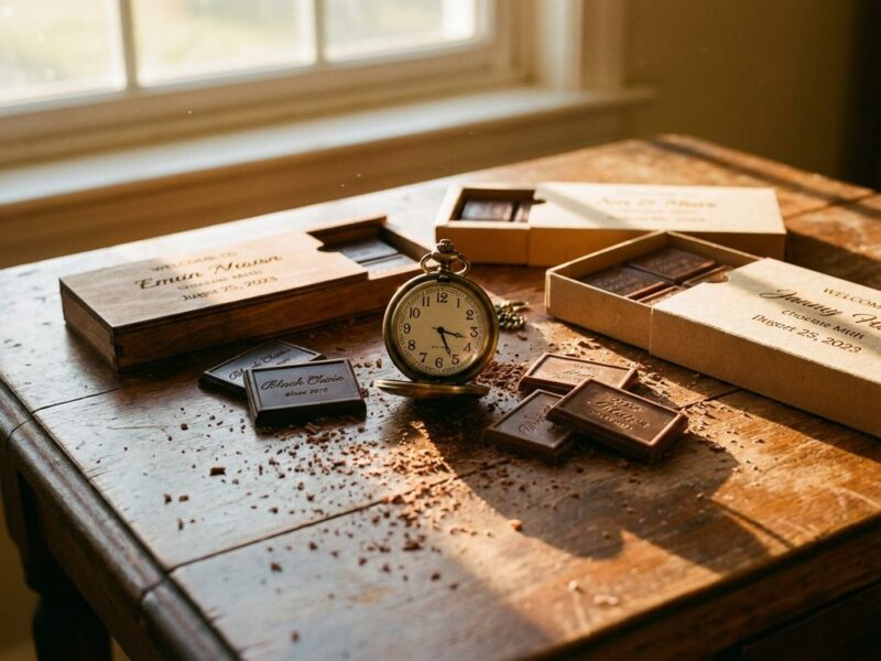 Vintage messing zakhorloge tussen gepersonaliseerde chocoladedozen op houten tafel met warme verlichting