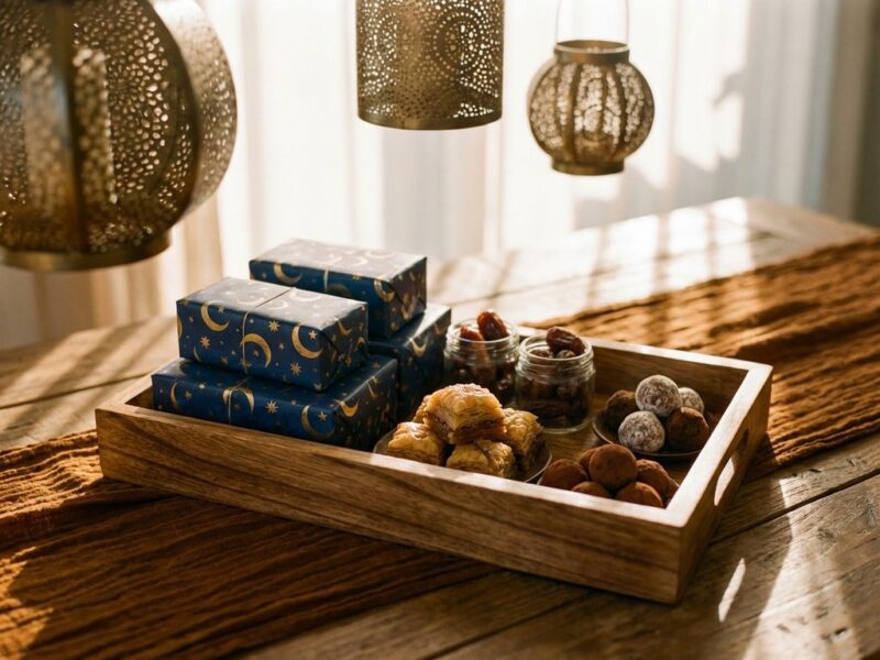 Houten dienblad met luxe chocoladedozen, dadels en baklava in warme verlichting voor feestelijke gelegenheid