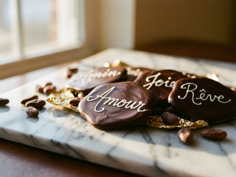 Elegante donkere chocoladestukjes met witte glazuur handschrift op marmeren oppervlak, cacaobonen en goudfolie