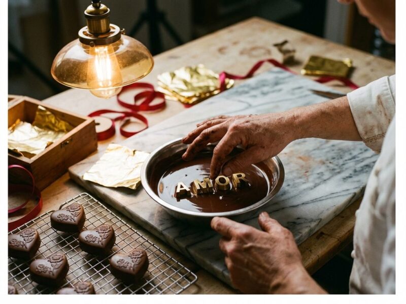 Chocolatier plaatst lettervormen in gesmolten pure chocolade, hartvormige bonbons koelen op marmeren werkblad
