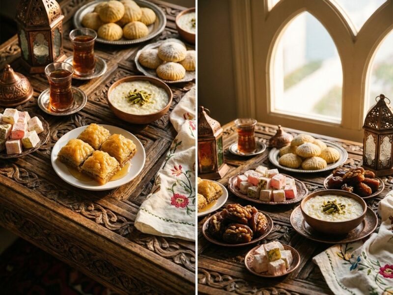 Traditionele Eid al-Fitr feestafel met baklava, Turkse lekkernijen, dadels, rijstpudding en ma'amoul koekjes