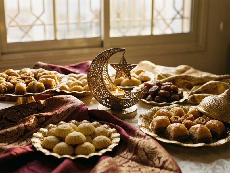 Eid al-Fitr tafel met traditionele Midden-Oosterse zoetigheden, dadels op gouden borden en wassende maan decoratie